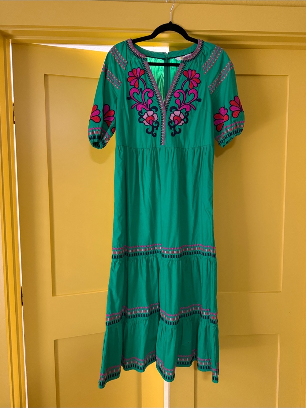 Boden Embroidered Green Midi Dress with Pink Floral Accents